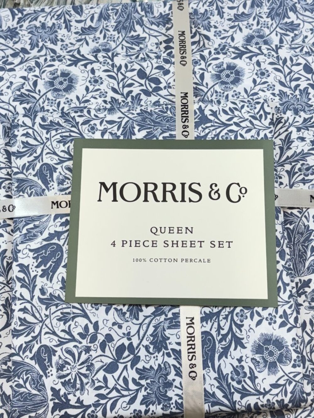 The Original Morris & Co. 4 Pc Queen Sheet Set Luxury Cotton Blue White Floral